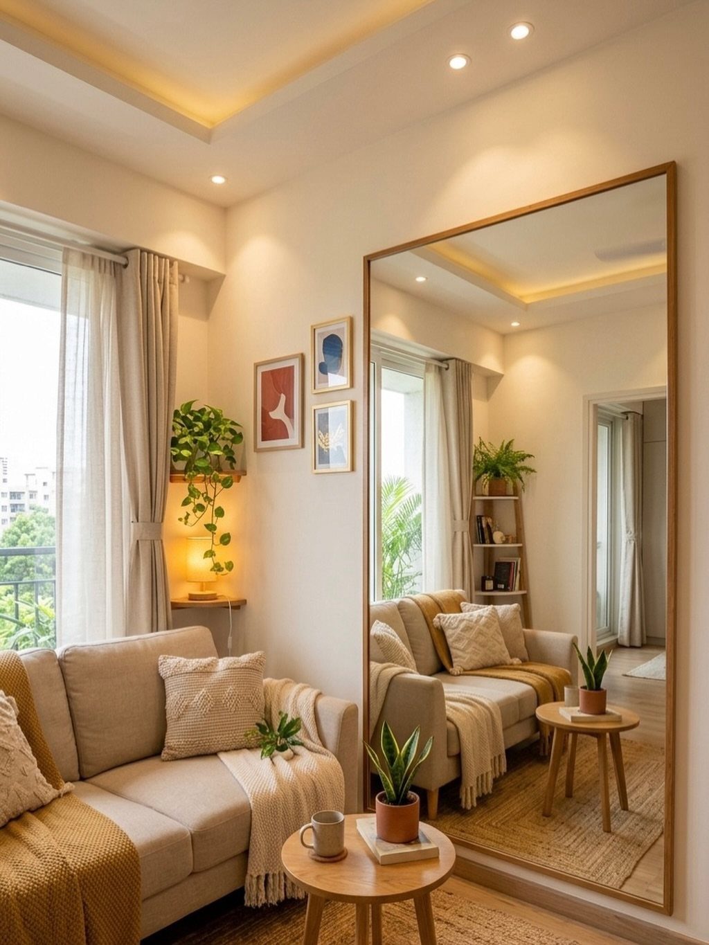 Large gold-framed floor mirror reflecting a window in a bright, neutral living room.