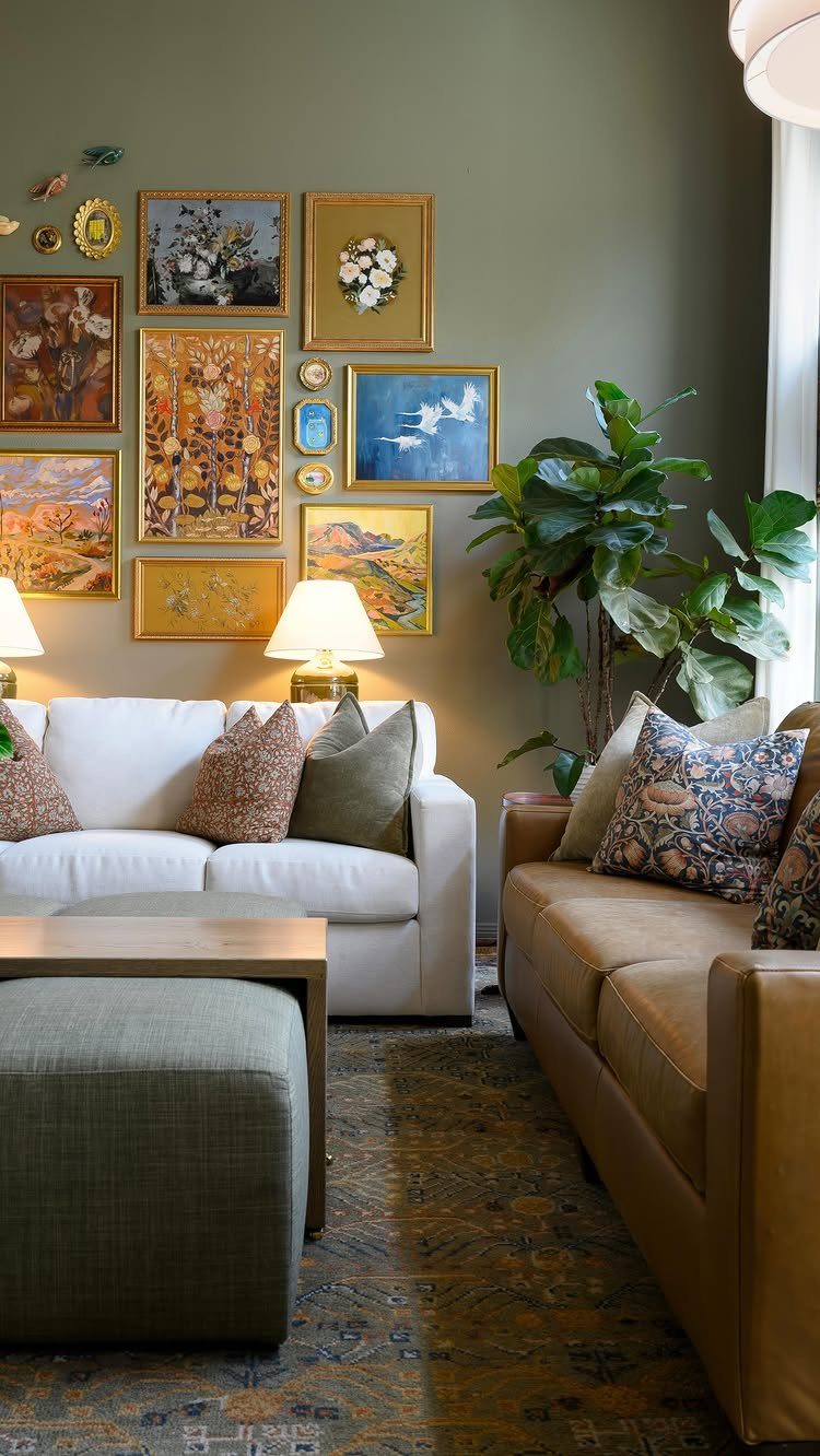 White and brown leather sofas facing each other in a room with gallery walls.