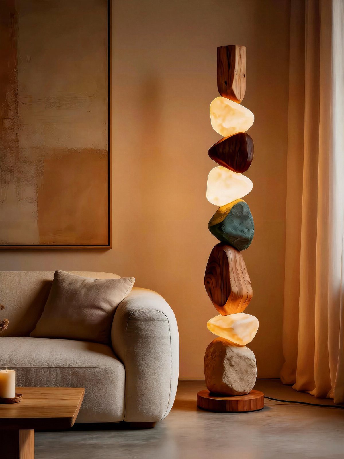 Sculptural floor lamp with stacked glowing stones and wood in a modern living room.