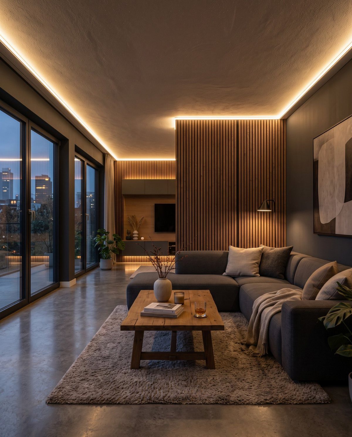 Modern living room with grey sofa and warm perimeter ceiling cove lighting.