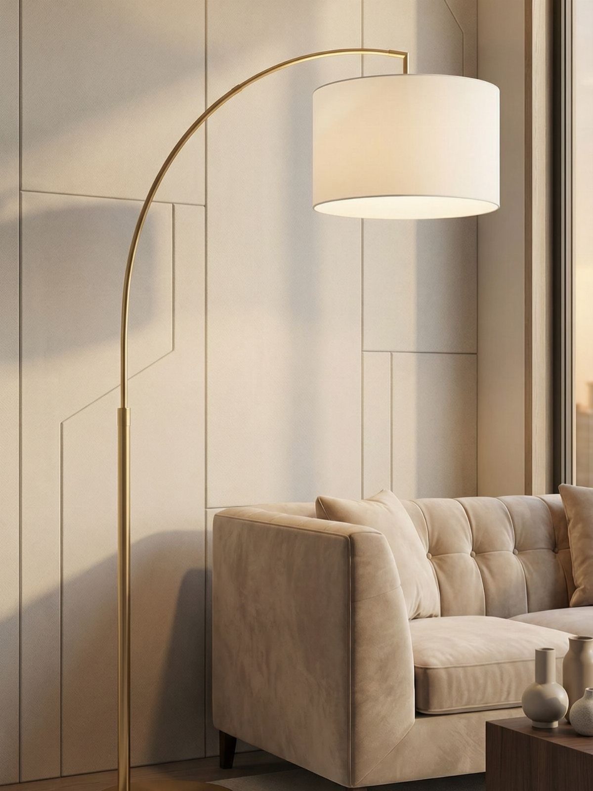 Gold arc floor lamp with white shade over a beige tufted sofa.