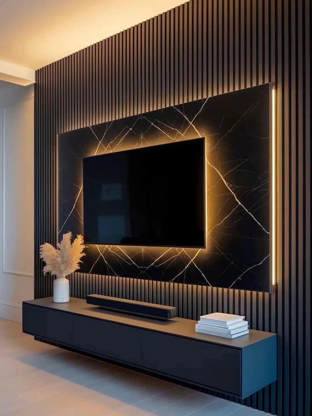 Modern living room with backlit black marble TV wall and dark floating console.