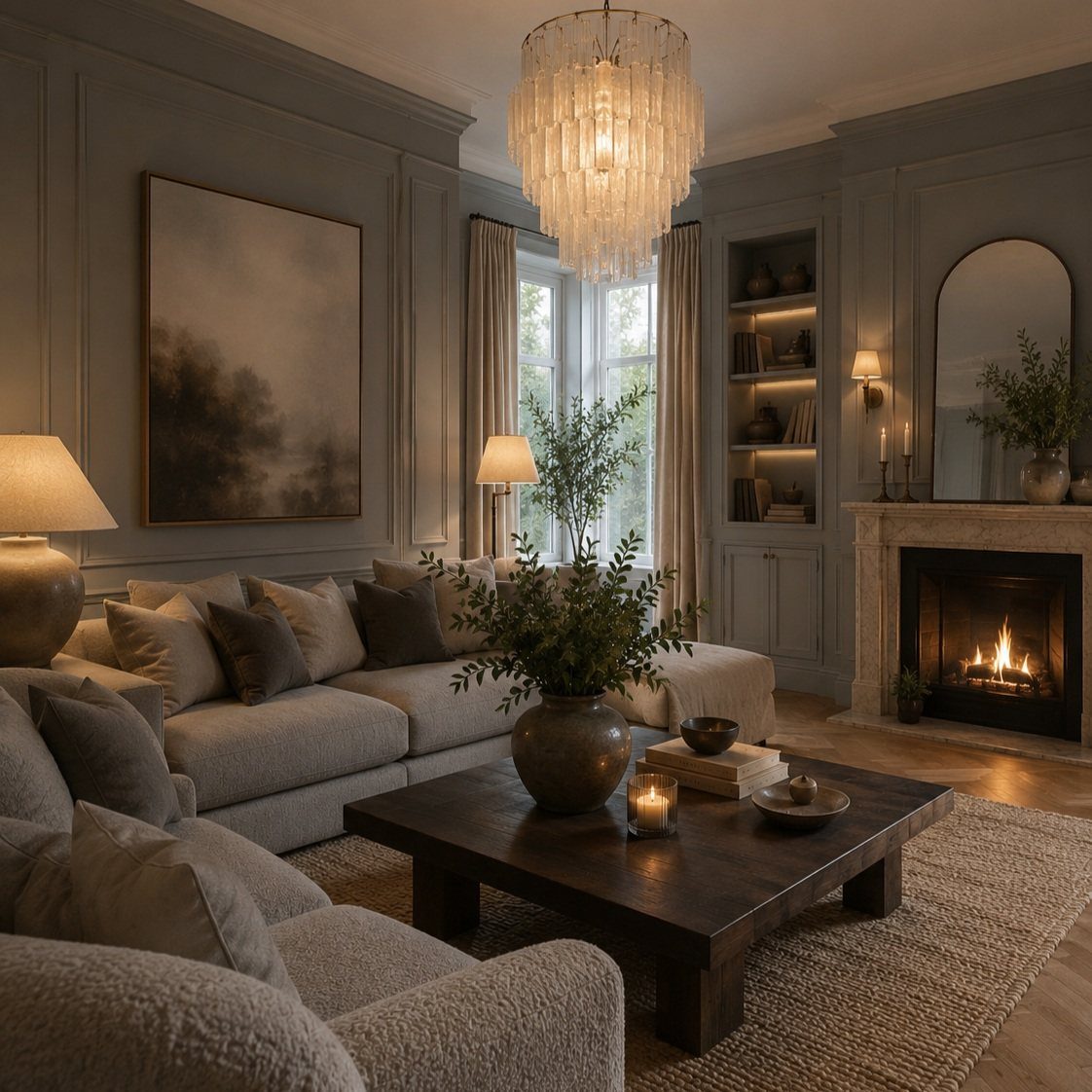 Large crystal chandelier hanging in a sophisticated living room with a fireplace.