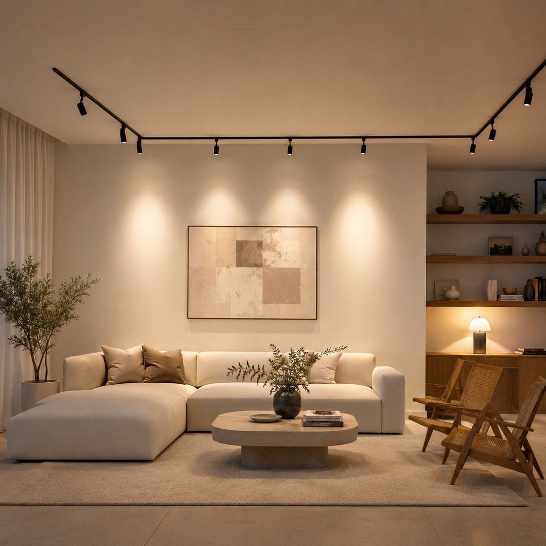 Black track lighting on a ceiling illuminating a modern living room with white furniture.