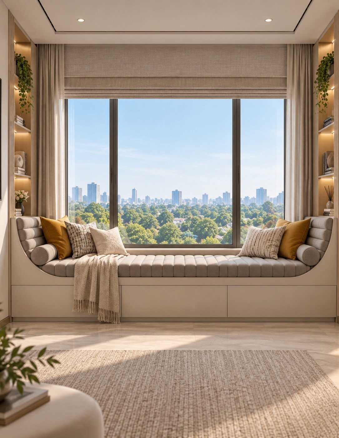 Built-in window seat with grey cushions and pillows overlooking a city skyline.