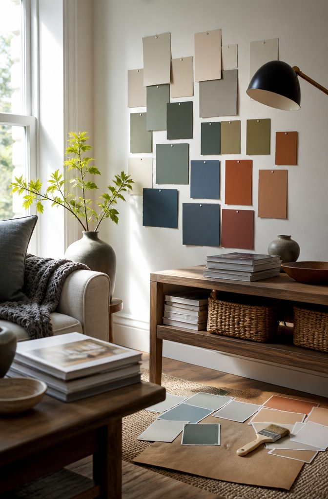 Well-lit living room with beige walls and gray furniture