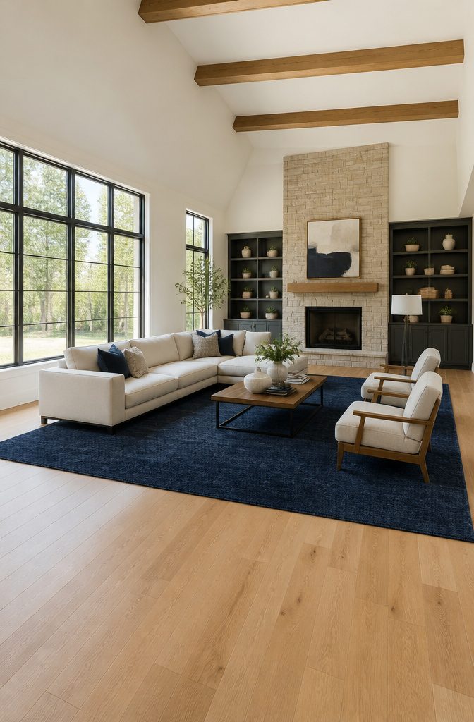 Living room with a 9' x 12' rug under all furniture.