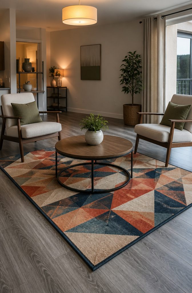 A 5' x 8' rug placed under a coffee table in a small living room.