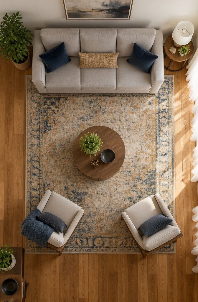 An 8' x 10' rug with front legs of sofa and chairs on it.