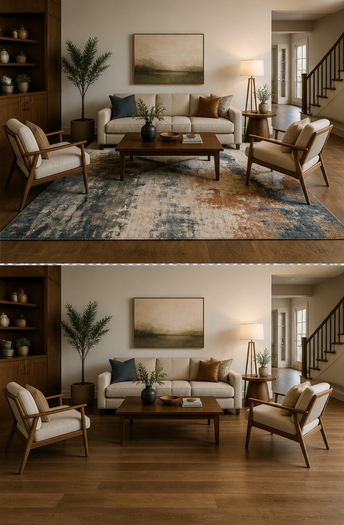 Seating arrangement with front legs on the rug for a unified look.