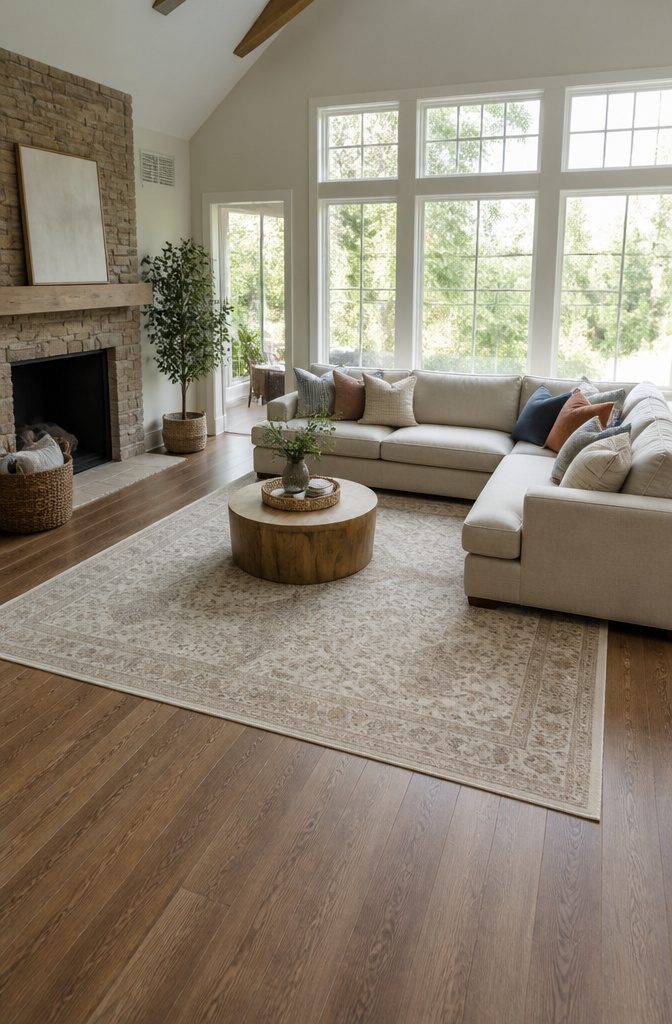 A 9' x 12' rug placed with ample space around it in a living room.