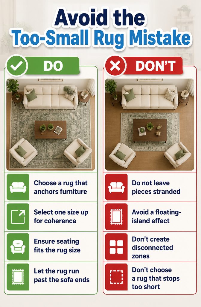 Image illustrating the issue of a small rug under a coffee table.