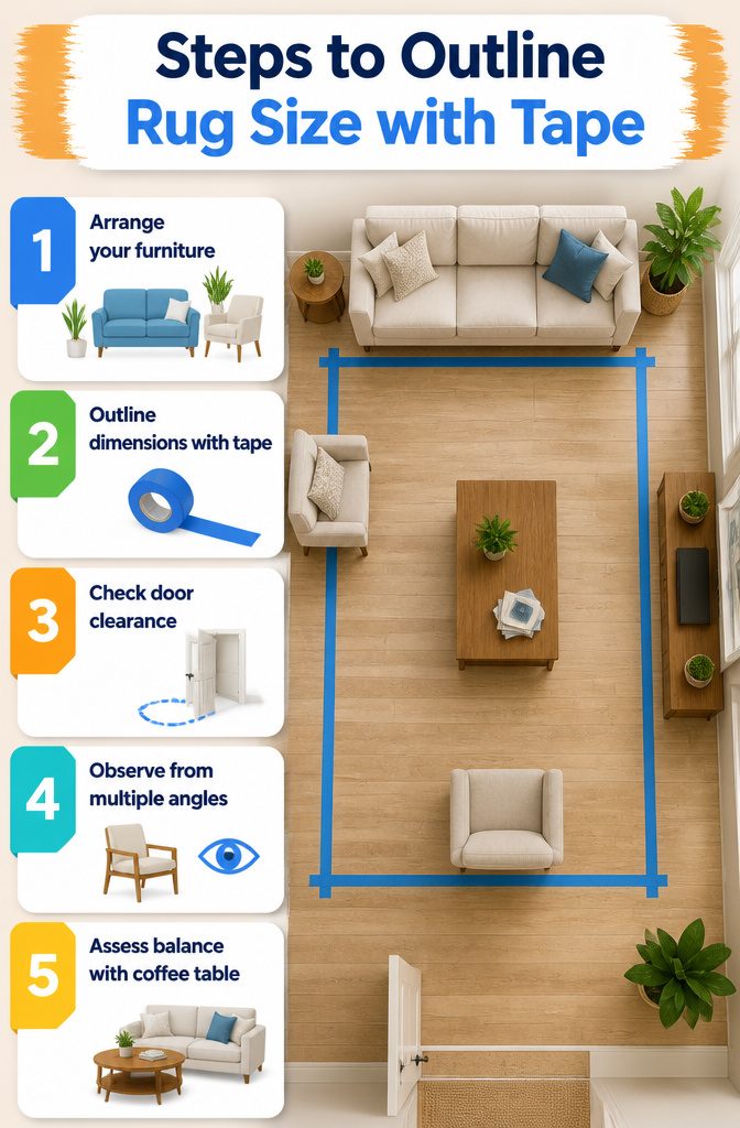 Painter's tape used to mark the dimensions of a rug on the floor.