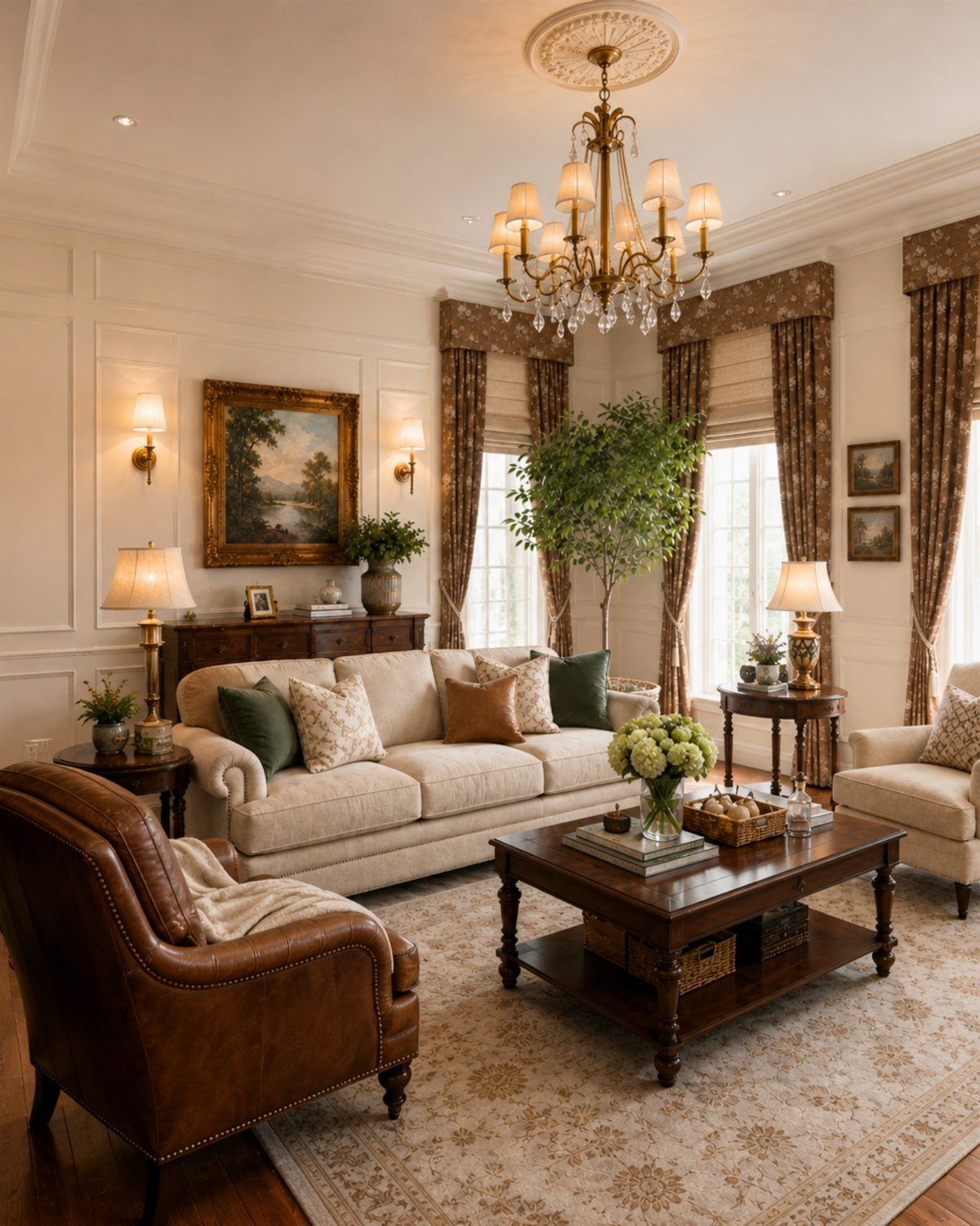 Traditional living room featuring patterned brown window valances and elegant neutral furnishings.