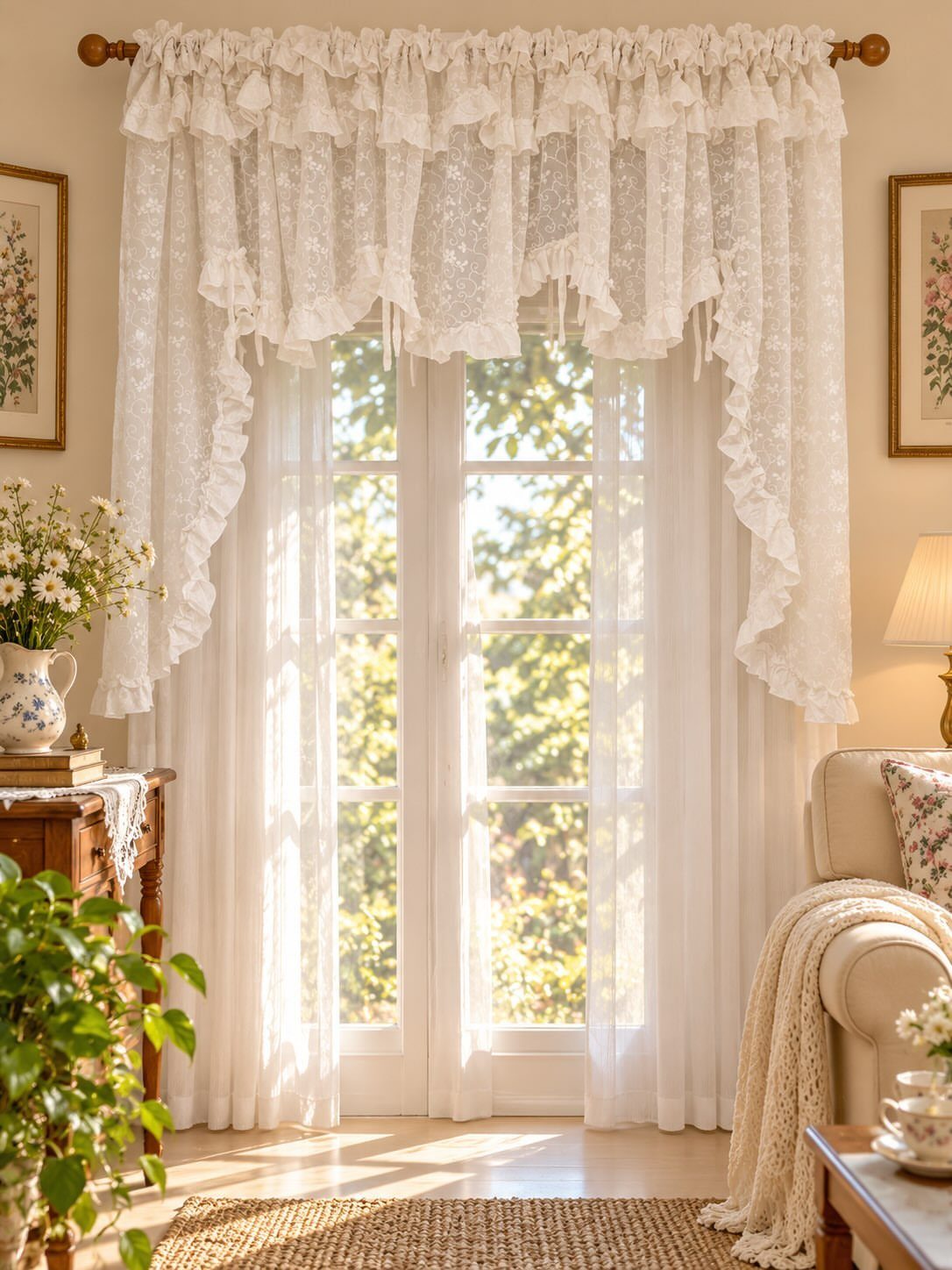 White lace ruffled valance and curtains hanging over a bright living room window.