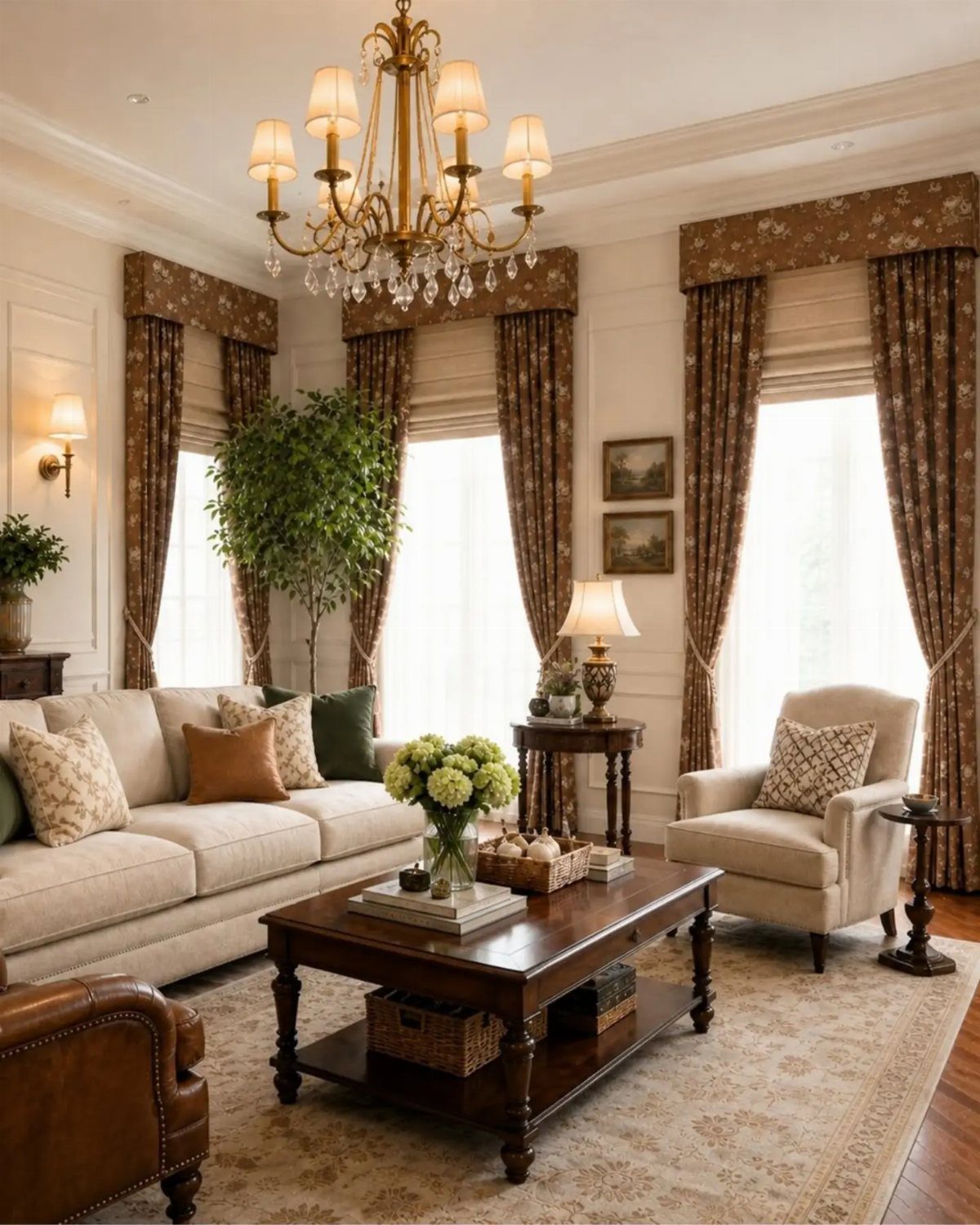 Patterned brown valances and curtains over woven wood shades in a traditional living room.