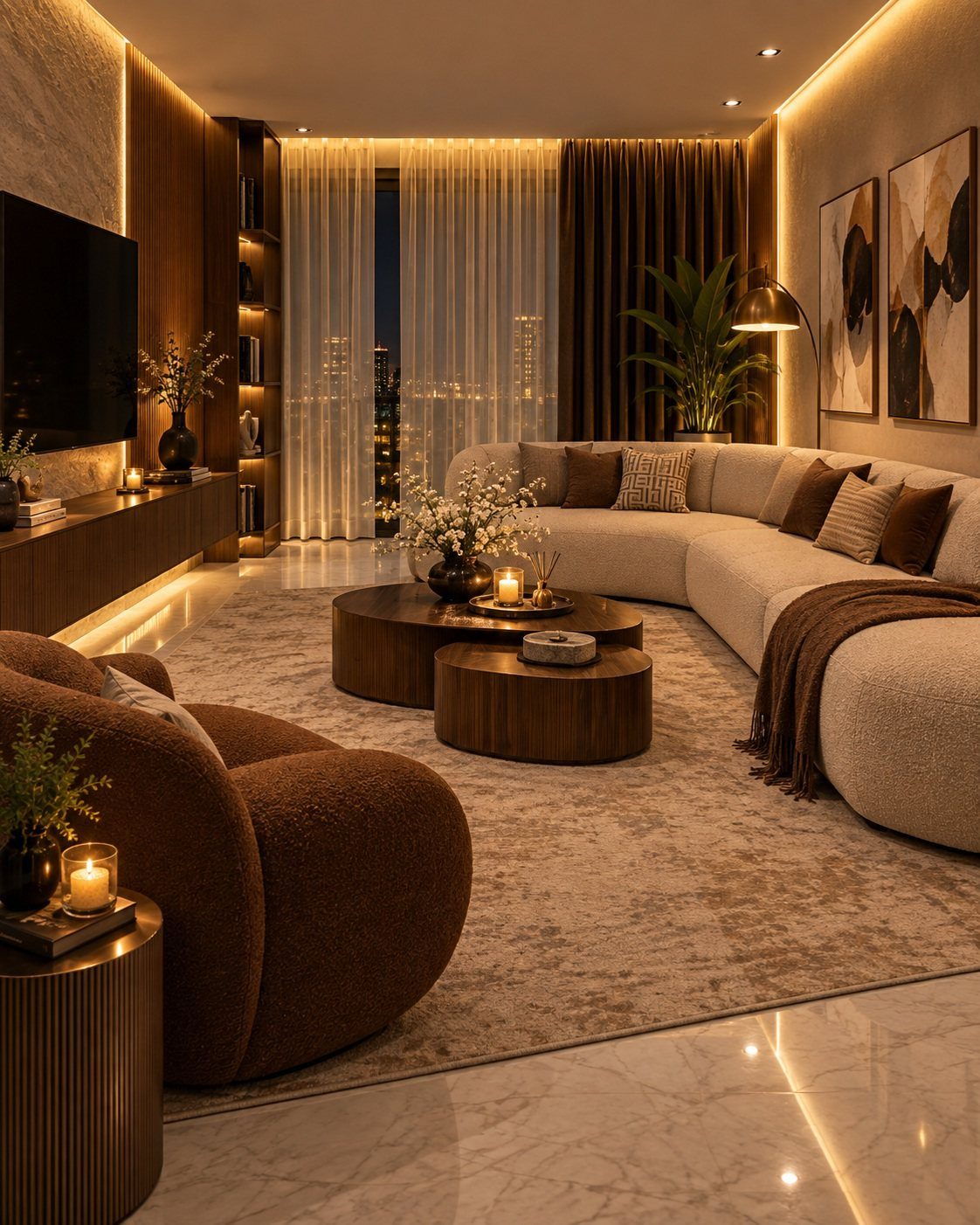 11 Living Room Ideas with Accent Chairs 5 Brown textured accent armchair in a modern living room with a beige sectional sofa.