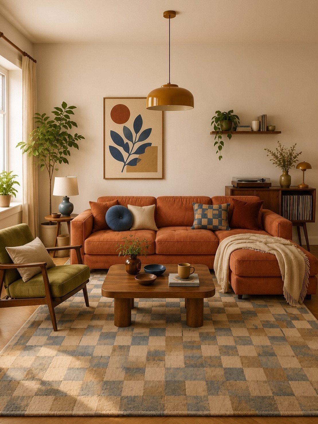 11 Living Room Ideas with Accent Chairs 4 Green accent chair and orange sofa in a brightly lit modern living room.