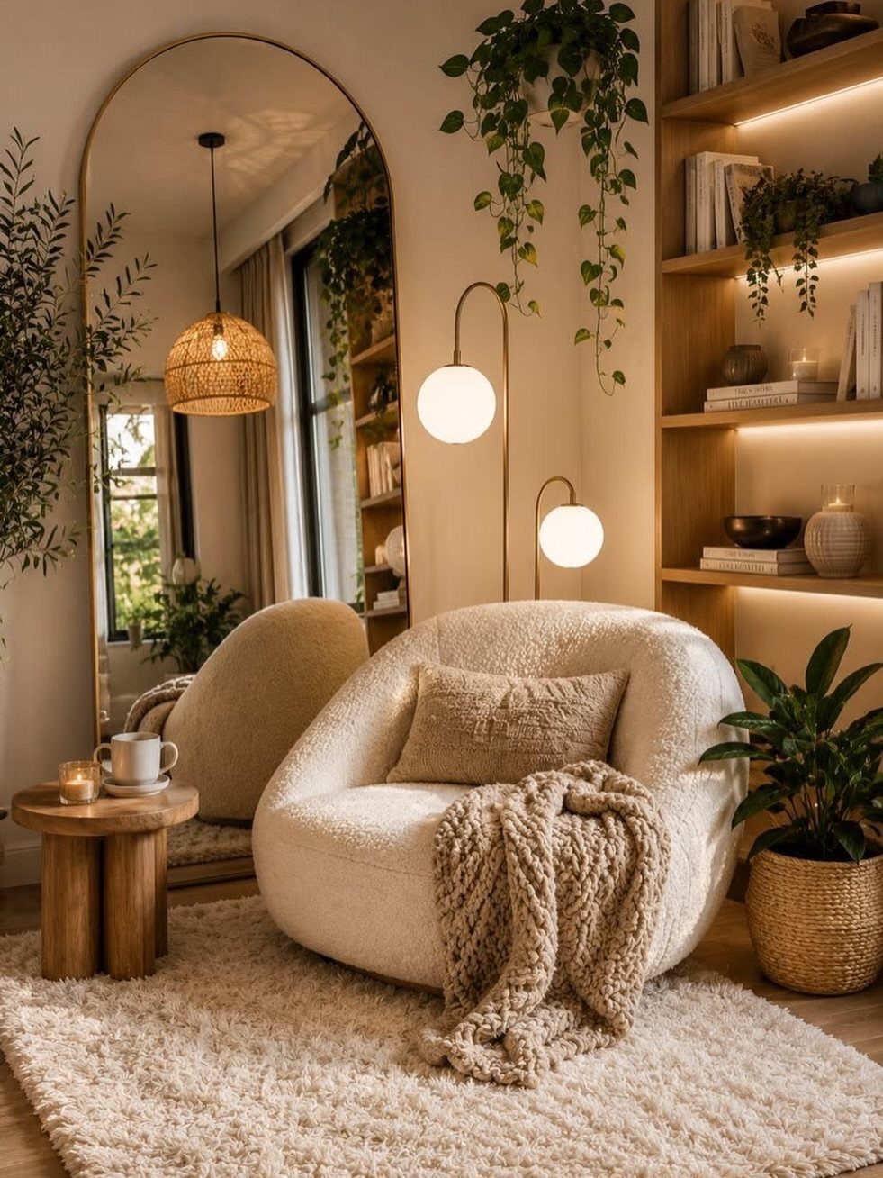 11 Living Room Ideas with Accent Chairs 6 Cream bouclé accent chair with a throw blanket in a cozy reading nook.
