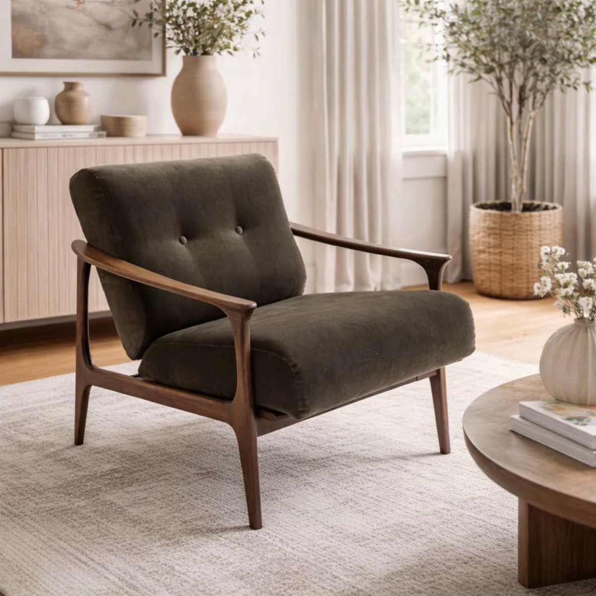11 Living Room Ideas with Accent Chairs 1 Dark grey mid-century modern accent chair in a bright, minimalist living room setting.