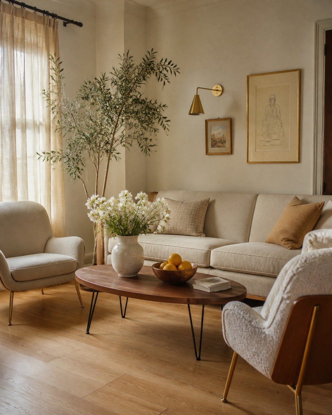 11 Living Room Ideas with Accent Chairs 2 Beige living room with two cream accent chairs and a wooden coffee table.