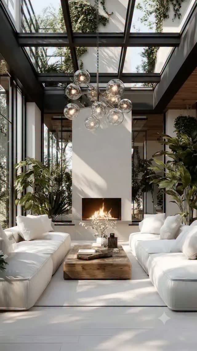 Modern living room with a central white fireplace, modular sofas, and glass ceiling.