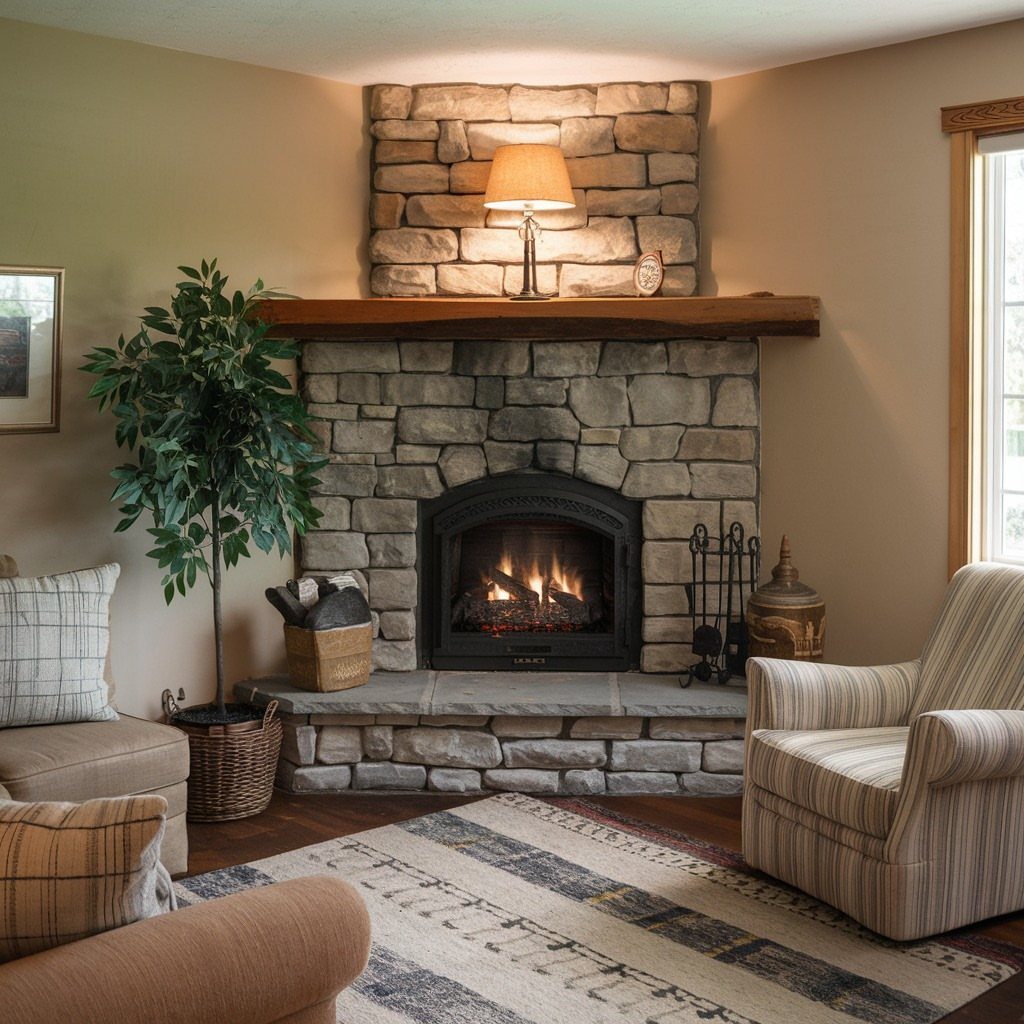 Stone fireplace with wooden mantel decorated with a lamp and potted green plant.
