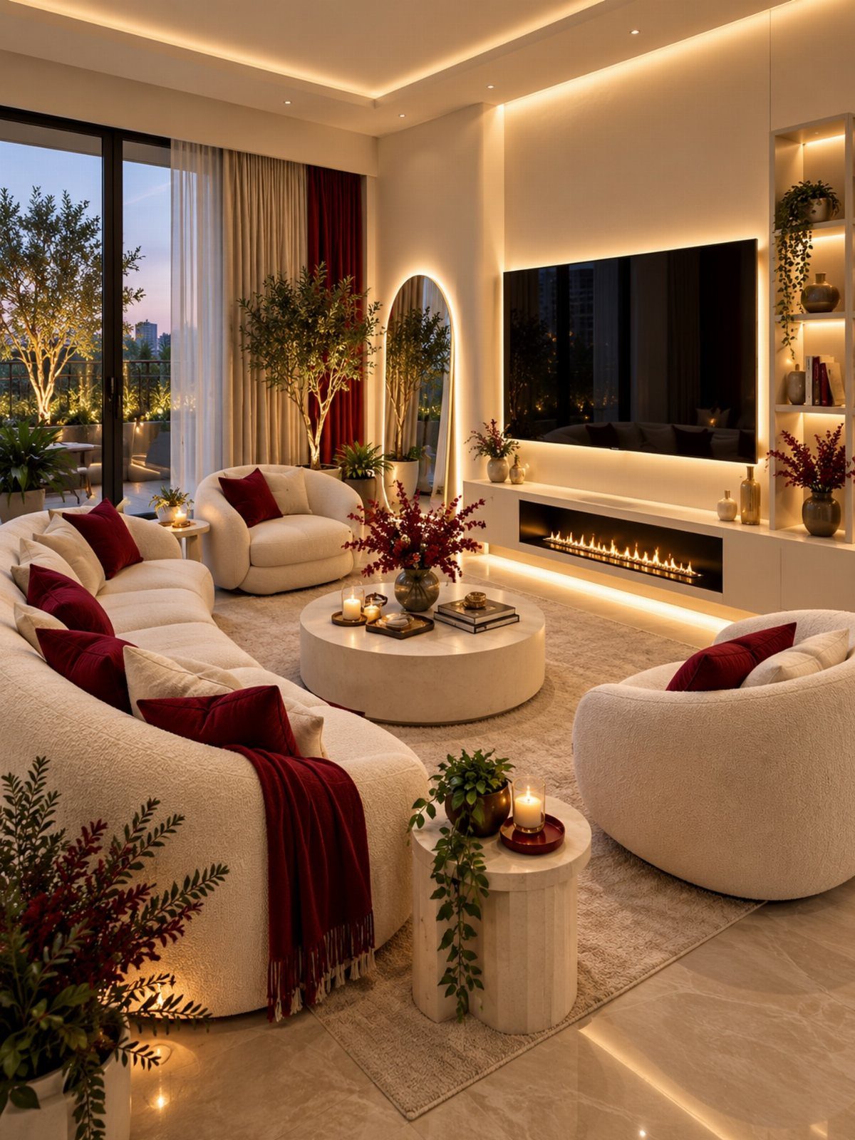 Modern living room with a sleek linear fireplace and curved cream sofas.