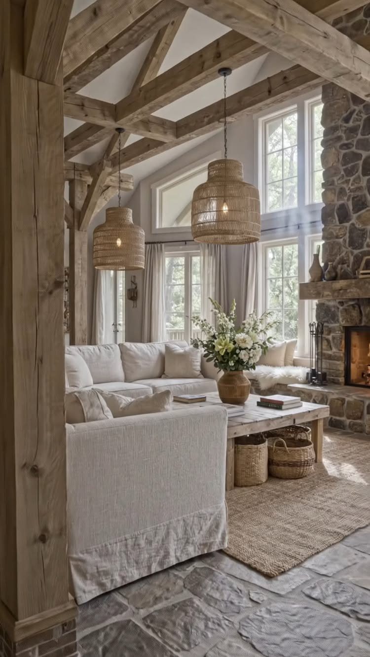 Rustic living room with stone fireplace and large windows providing bright natural light.
