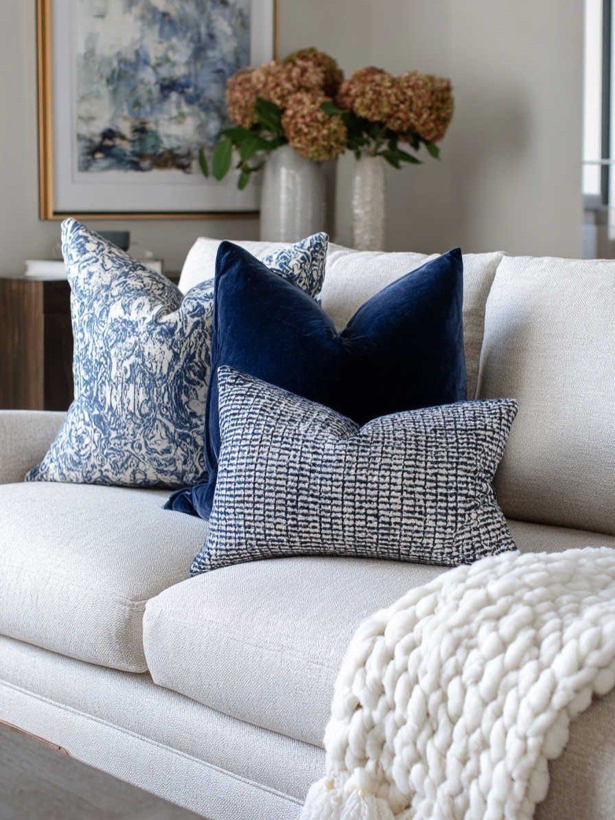 Light gray sofa with navy blue decorative pillows and a white knit throw blanket.