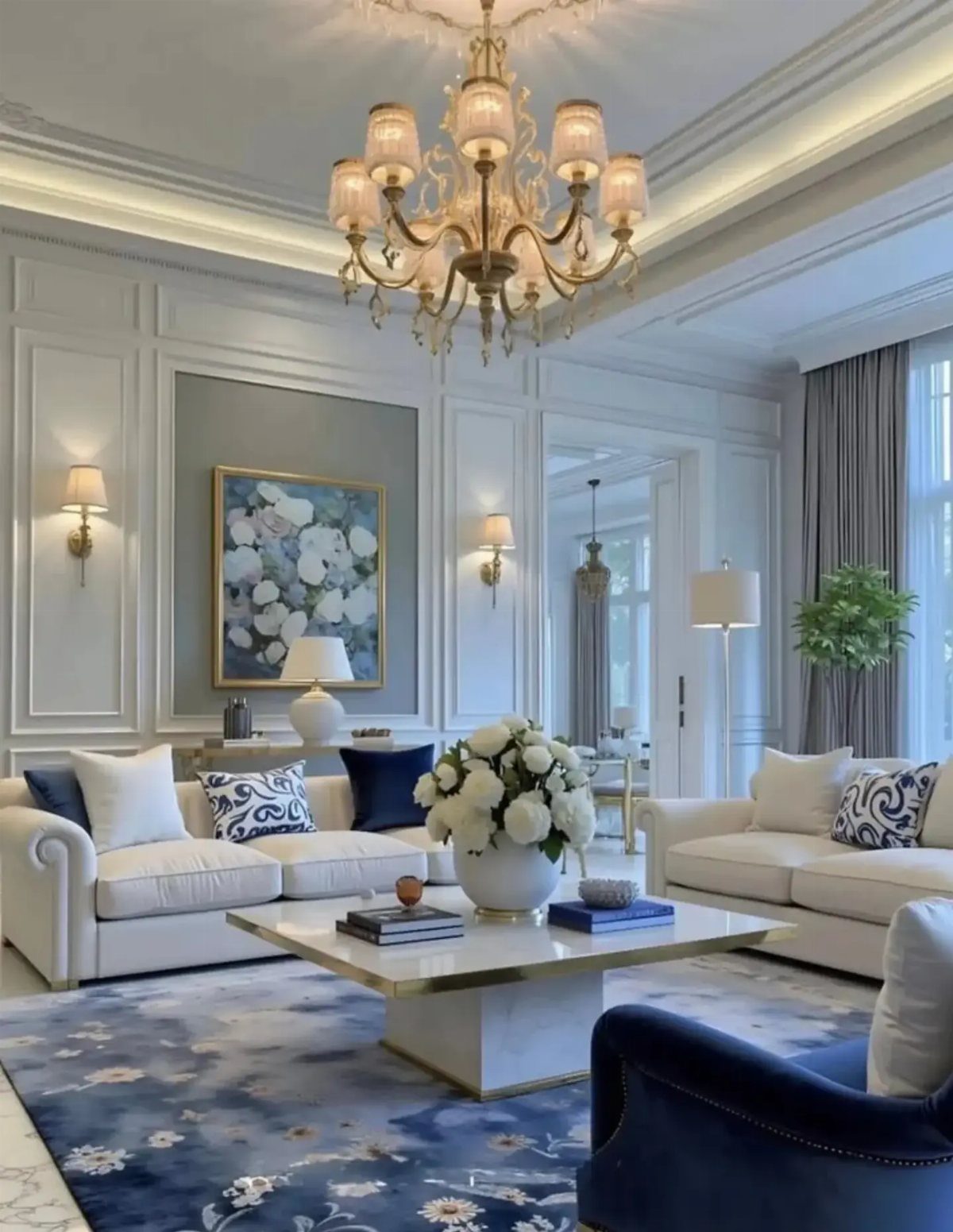 Luxurious living room with white sofas, gold chandelier, and navy blue floral area rug.