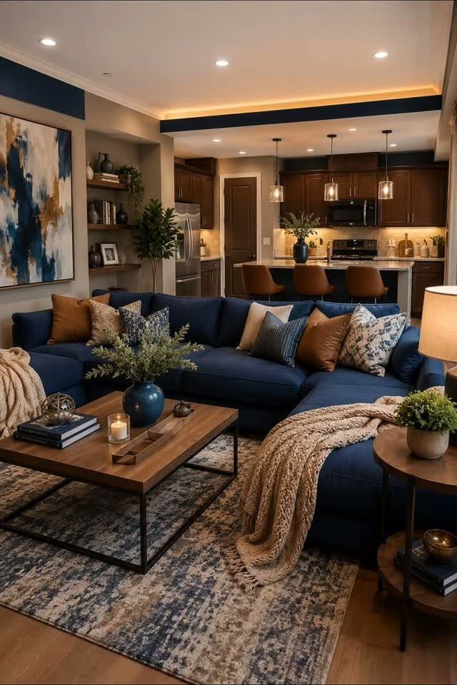 Navy blue sectional sofa with earthy brown pillows and a wooden coffee table.