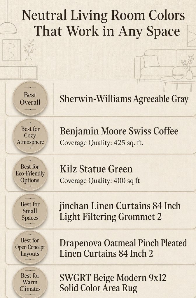 Infographic comparing neutral living room colors with product entries and details.