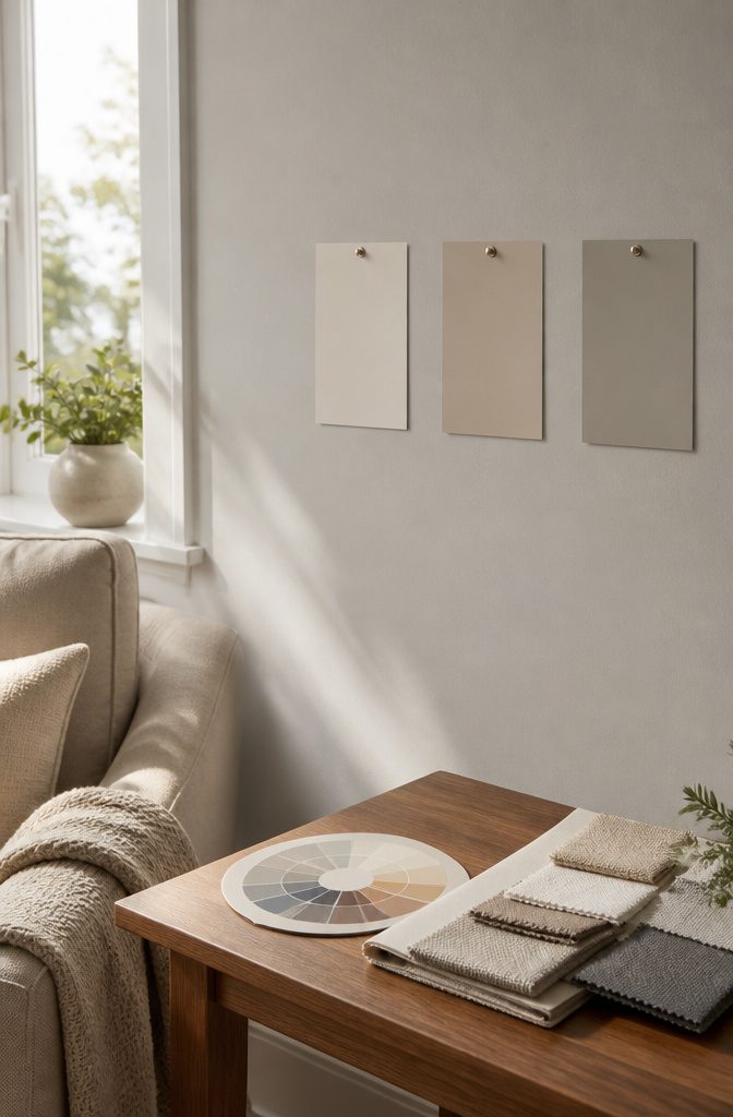 Neutral living room colors with various undertones displayed on a wall.