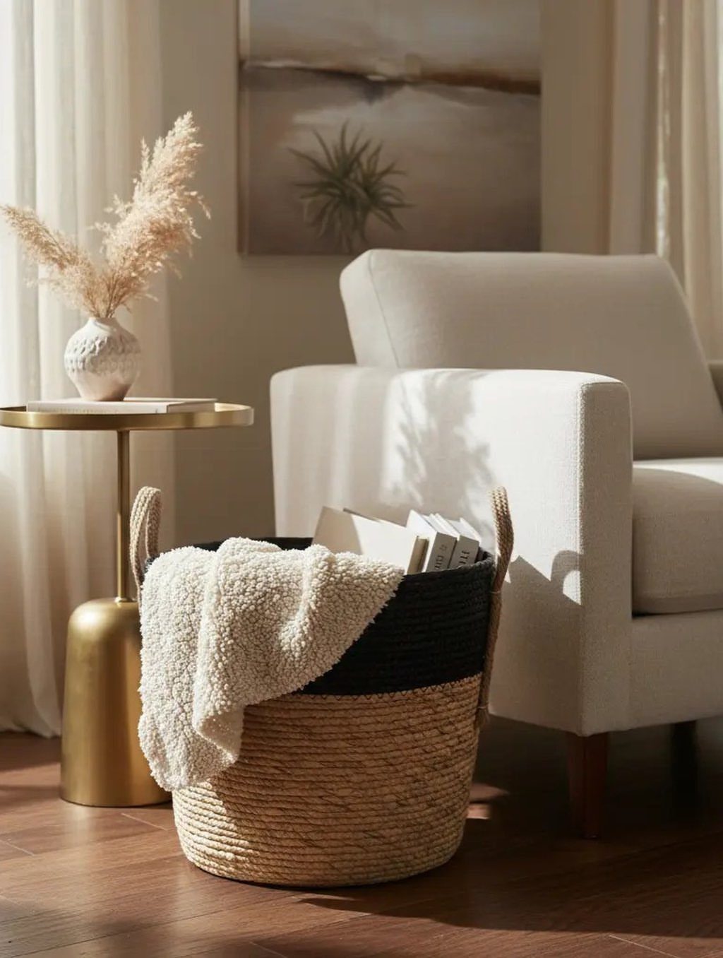 Woven storage basket with a white blanket and books beside a white armchair.