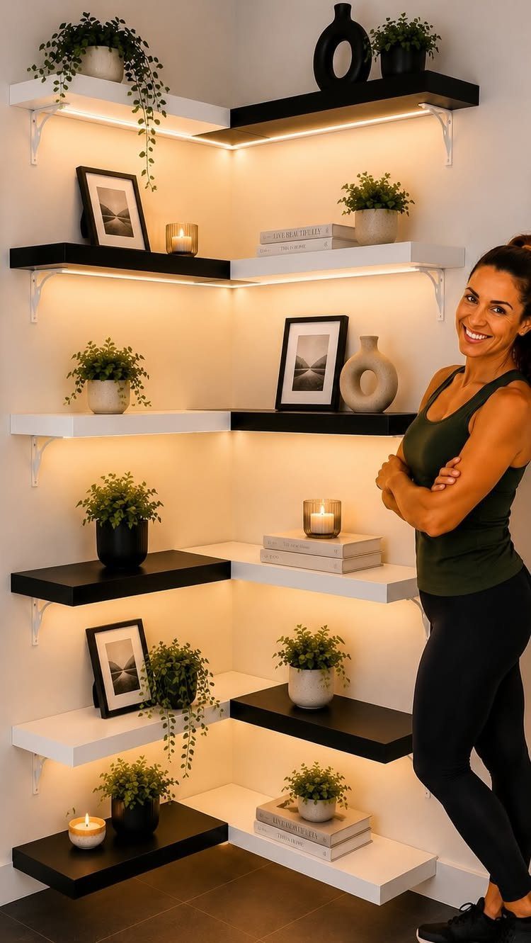 Corner shelves in black and white holding plants and decor with a smiling woman.
