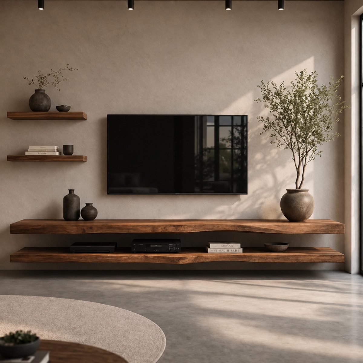 Wooden floating shelves mounted on a neutral wall beneath a flat screen television