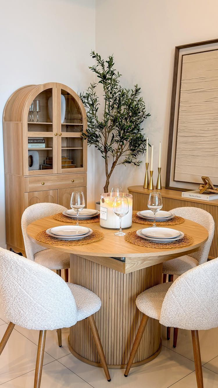 Light wood hutch with glass cabinets standing behind a round wooden dining table.