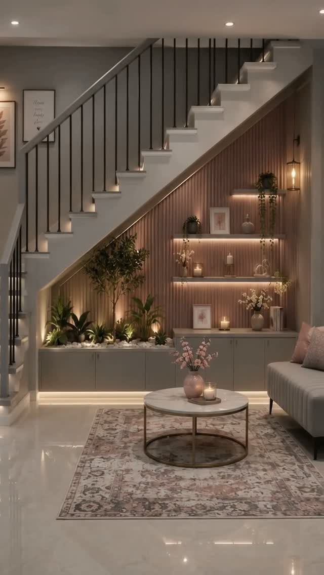 Grey base cabinets and floating shelves built into the space under a staircase.