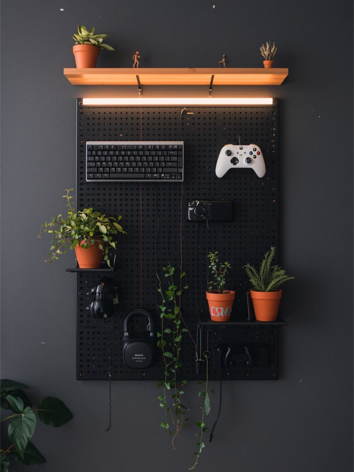 Black pegboard on a dark wall holding gaming gear and small potted plants.