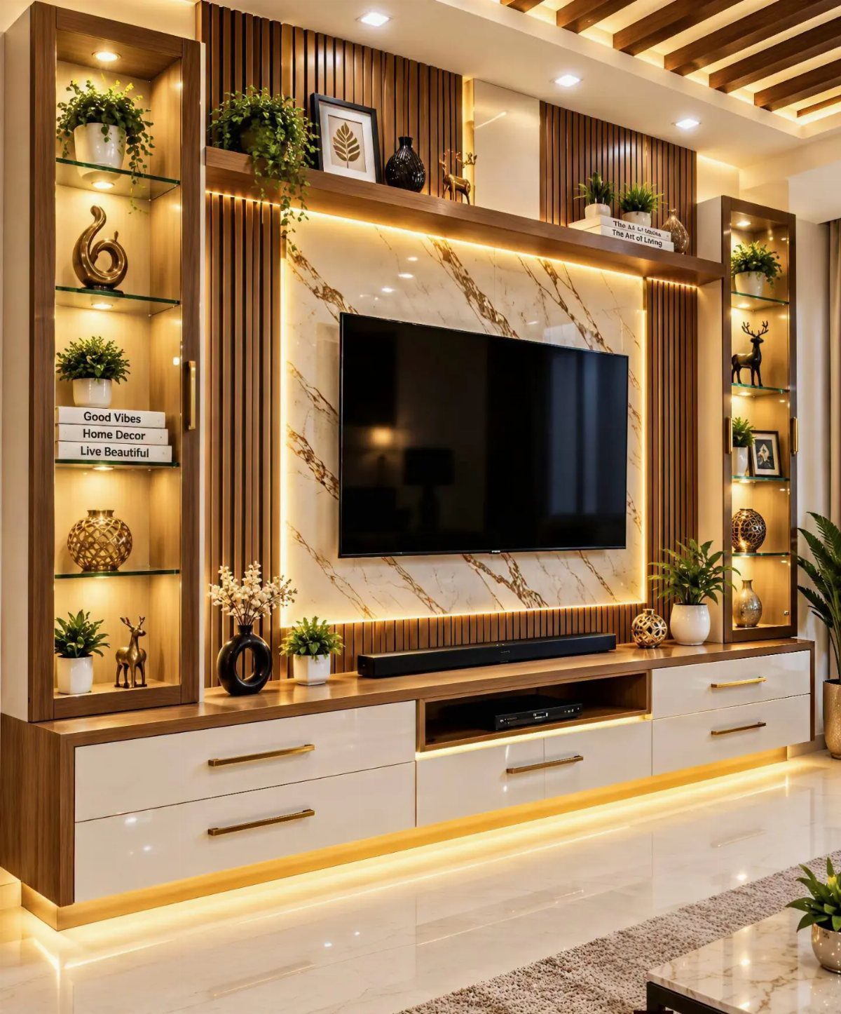 Modern entertainment center with tall vertical glass cabinets and a white base console.