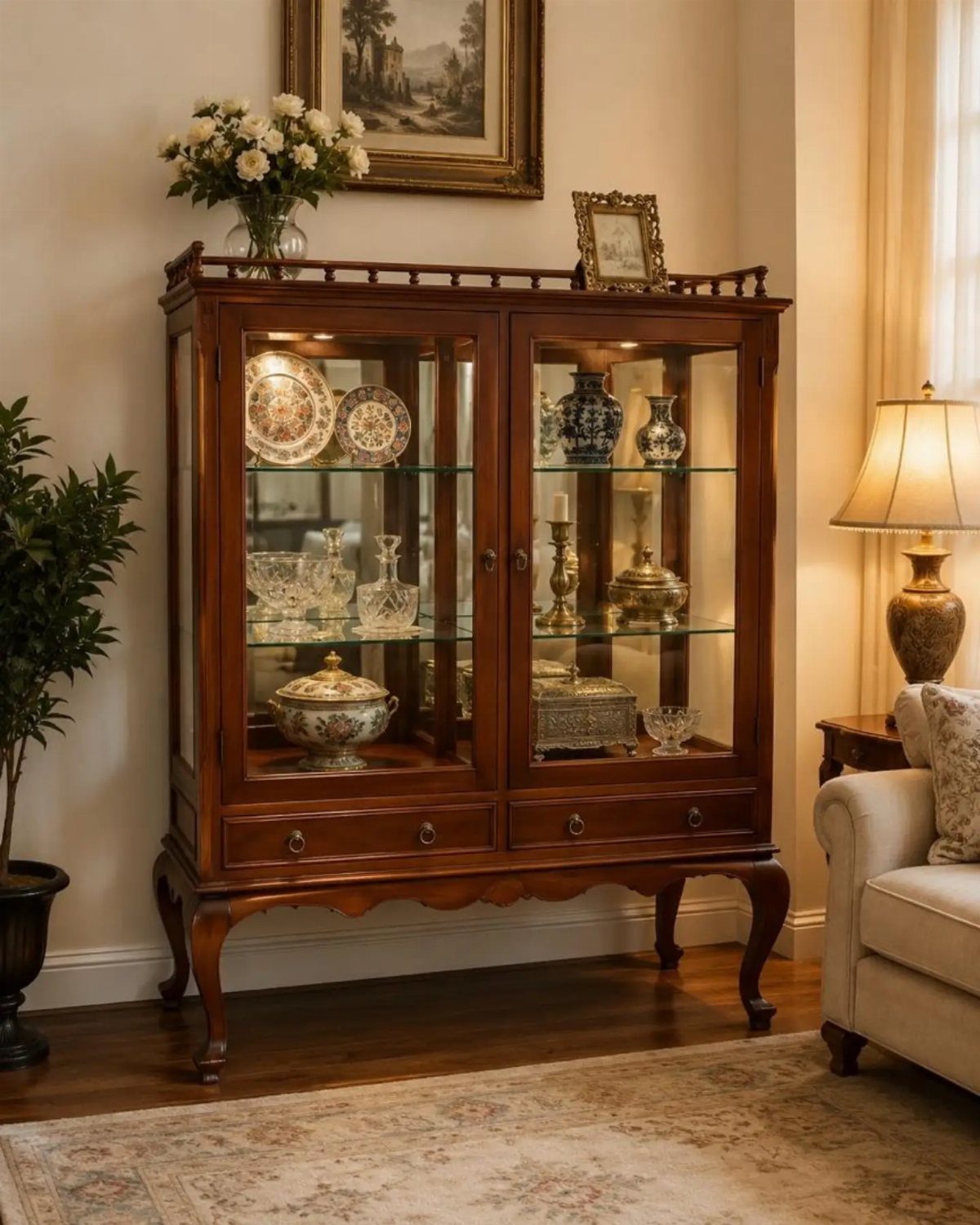 Wooden vintage display cabinet with glass doors holding decorative plates and glassware in living room
