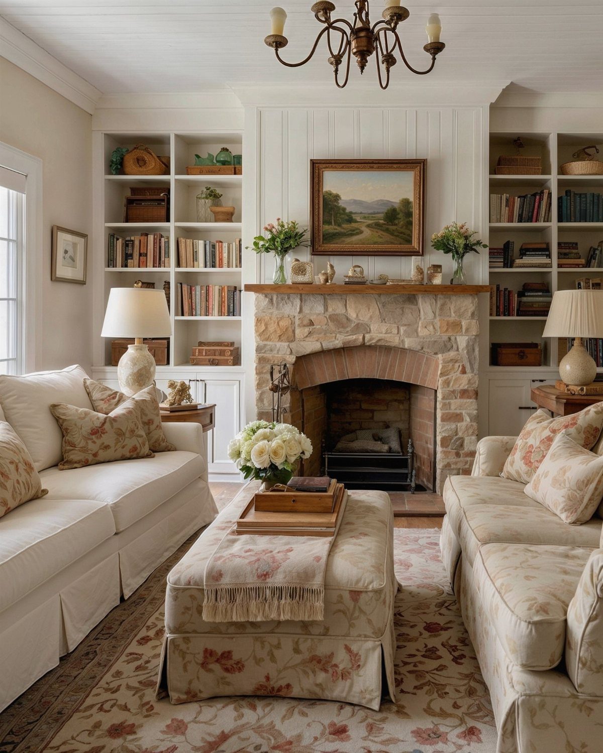 Two cream floral sofas facing each other across a floral ottoman and stone fireplace.