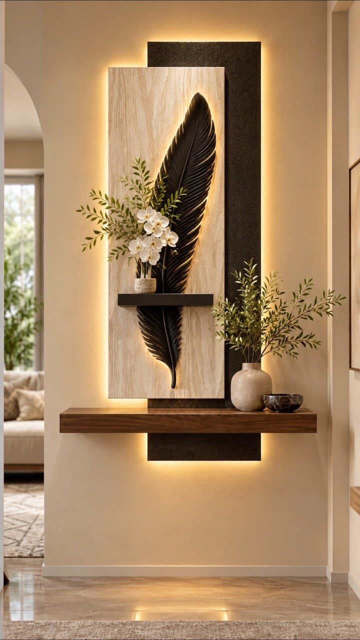 Decorative wall panel with a black feather sculpture, floating shelves, and warm backlighting.