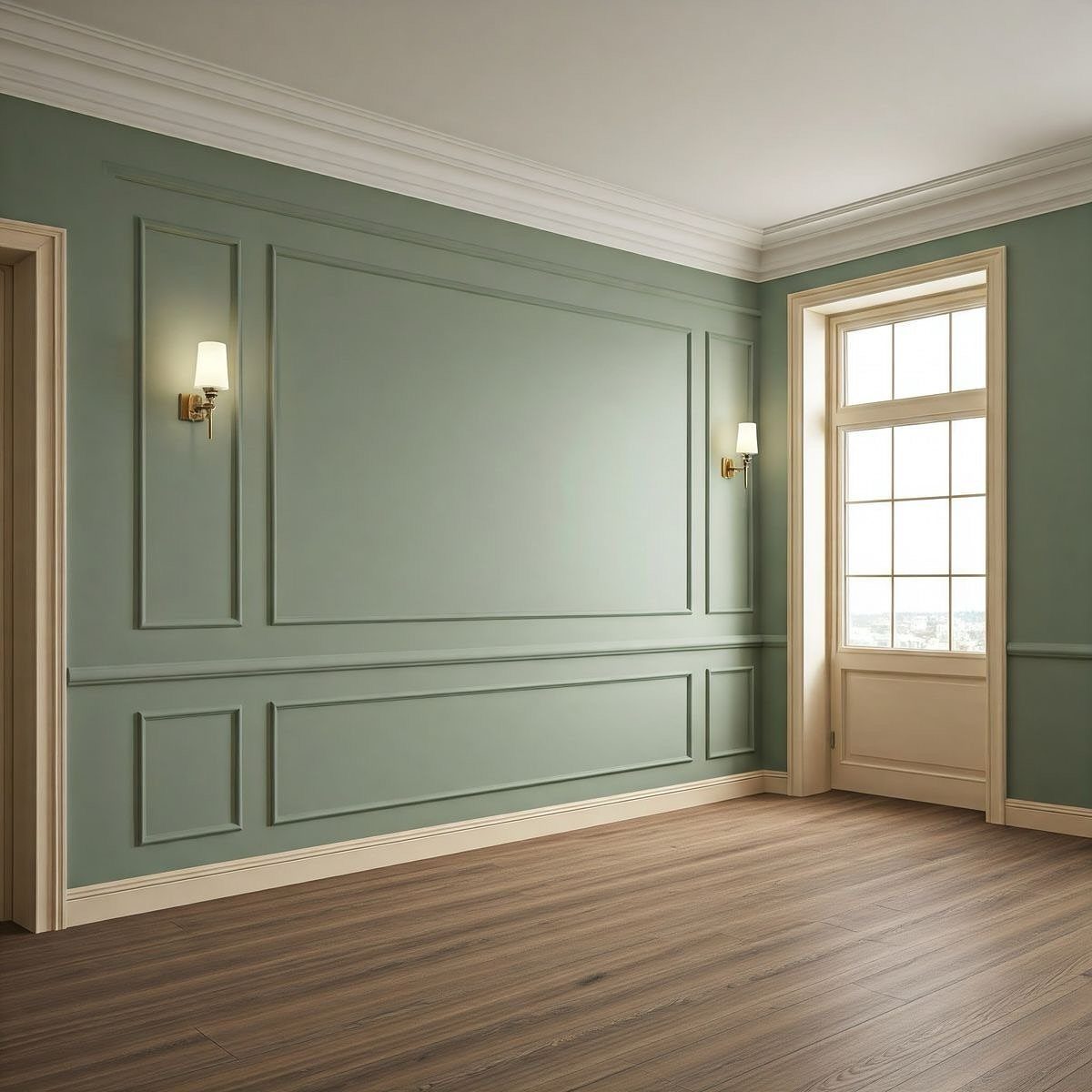 Sage green wall with decorative molding and gold sconces in an empty room