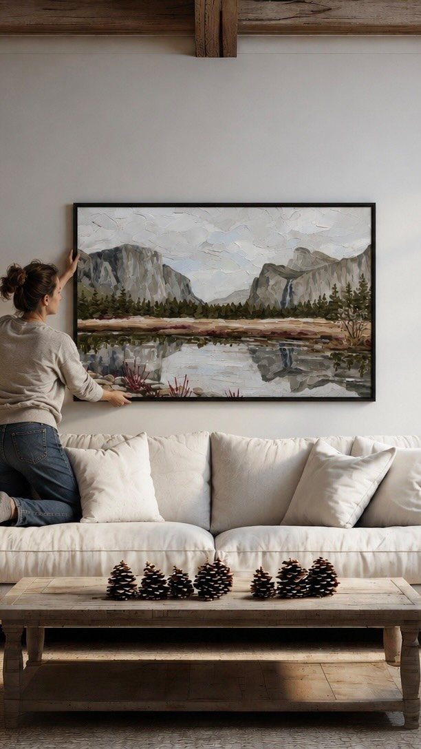 Woman hanging a large landscape painting above a white sofa in a living room.