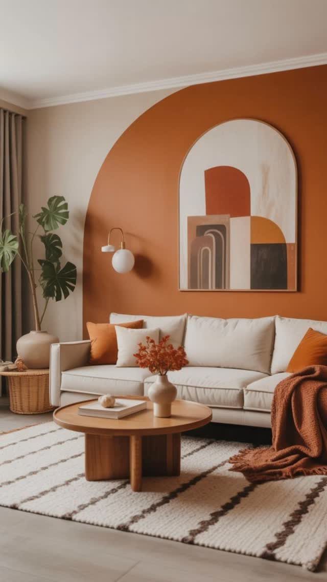 Living room with a terracotta painted arch on the wall and abstract art.