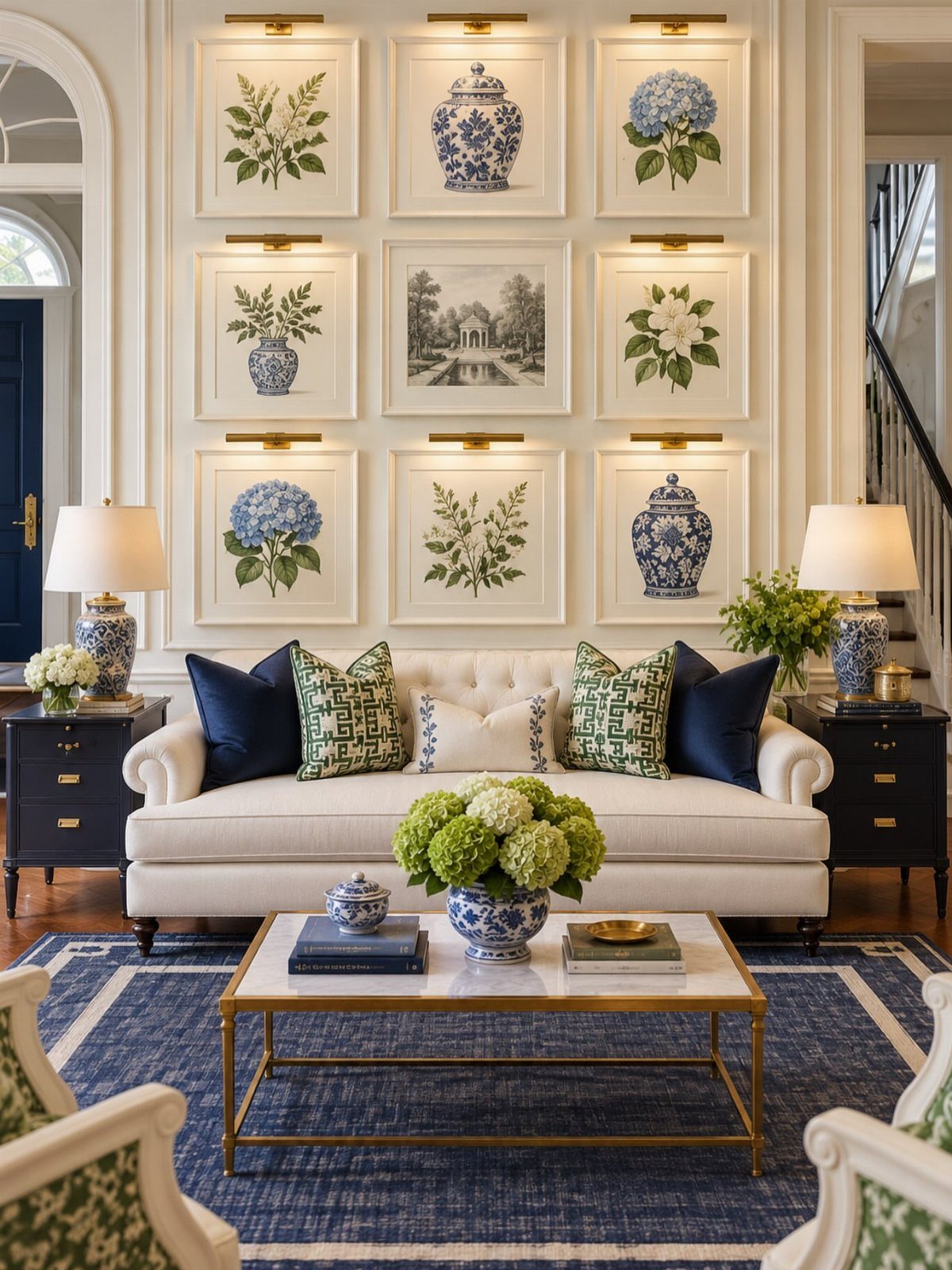 Symmetrical grid of nine framed art prints on a white living room wall.