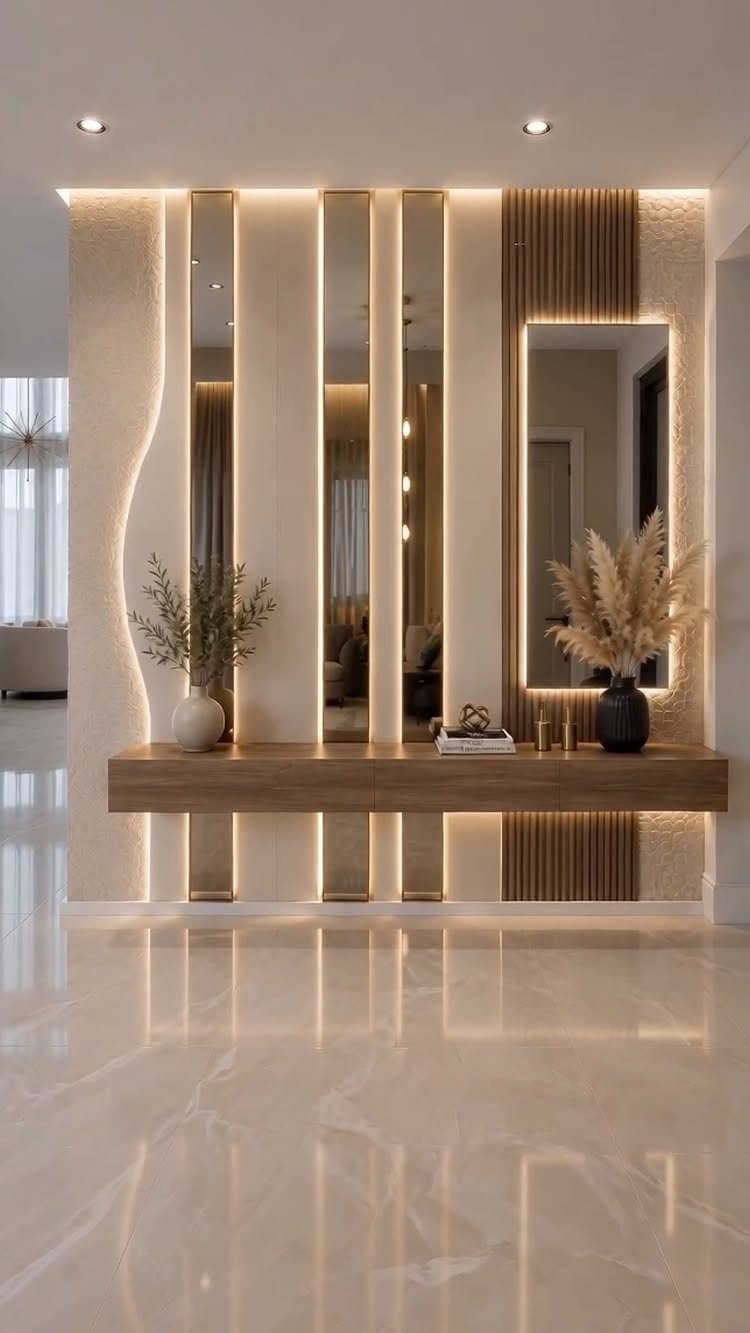 Modern wall design with backlit mirrors, a floating wooden console, and vertical slats.
