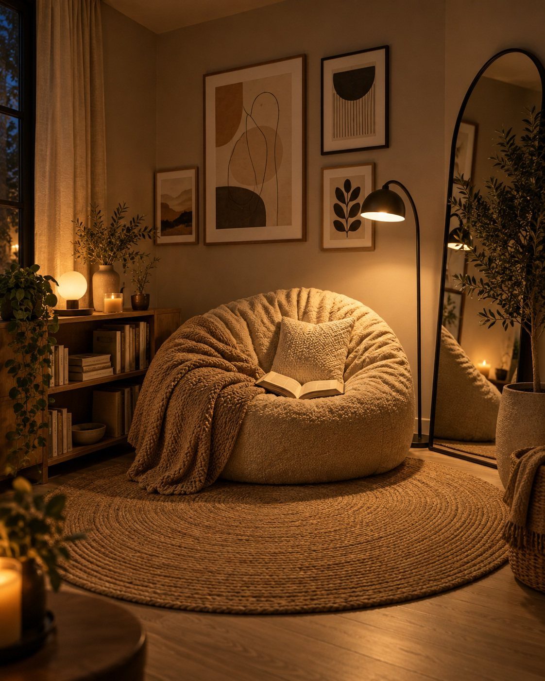 Cozy reading nook with a large cream bean bag and black floor lamp.